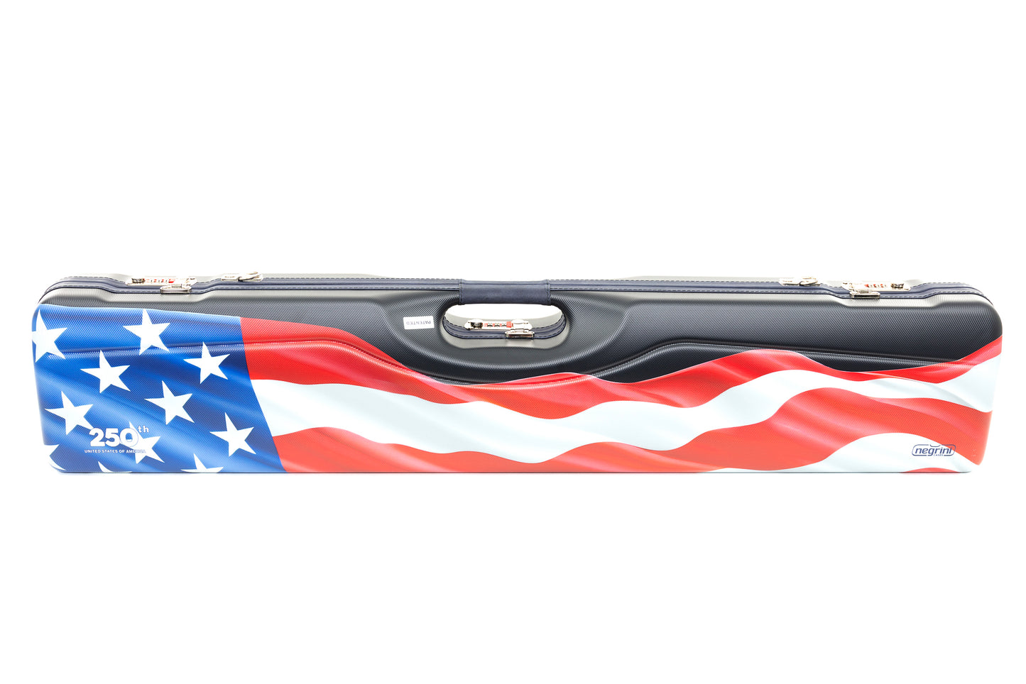 NEGRINI ACCESSORIES | NEGRINI CASE | 16406 COMPACT UNICASE | 1 O&U, SXS, OR AUTO / 1 ADJ. HIGH RIB BARREL UP TO 34" | AMERICAN FLAG 250 YEARS / RED LEATHER TRIM